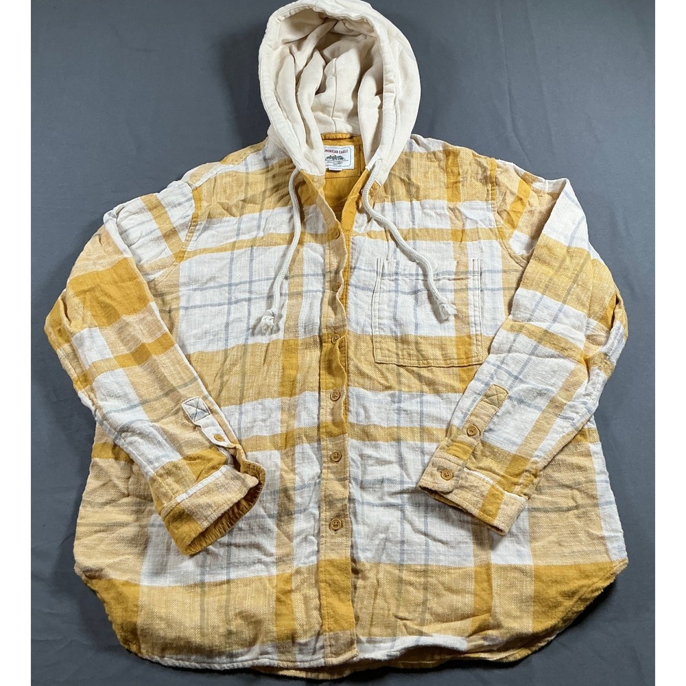 American Eagle Yellow Plaid Hooded Flannel Shirt Womens Small Button Up Hoody